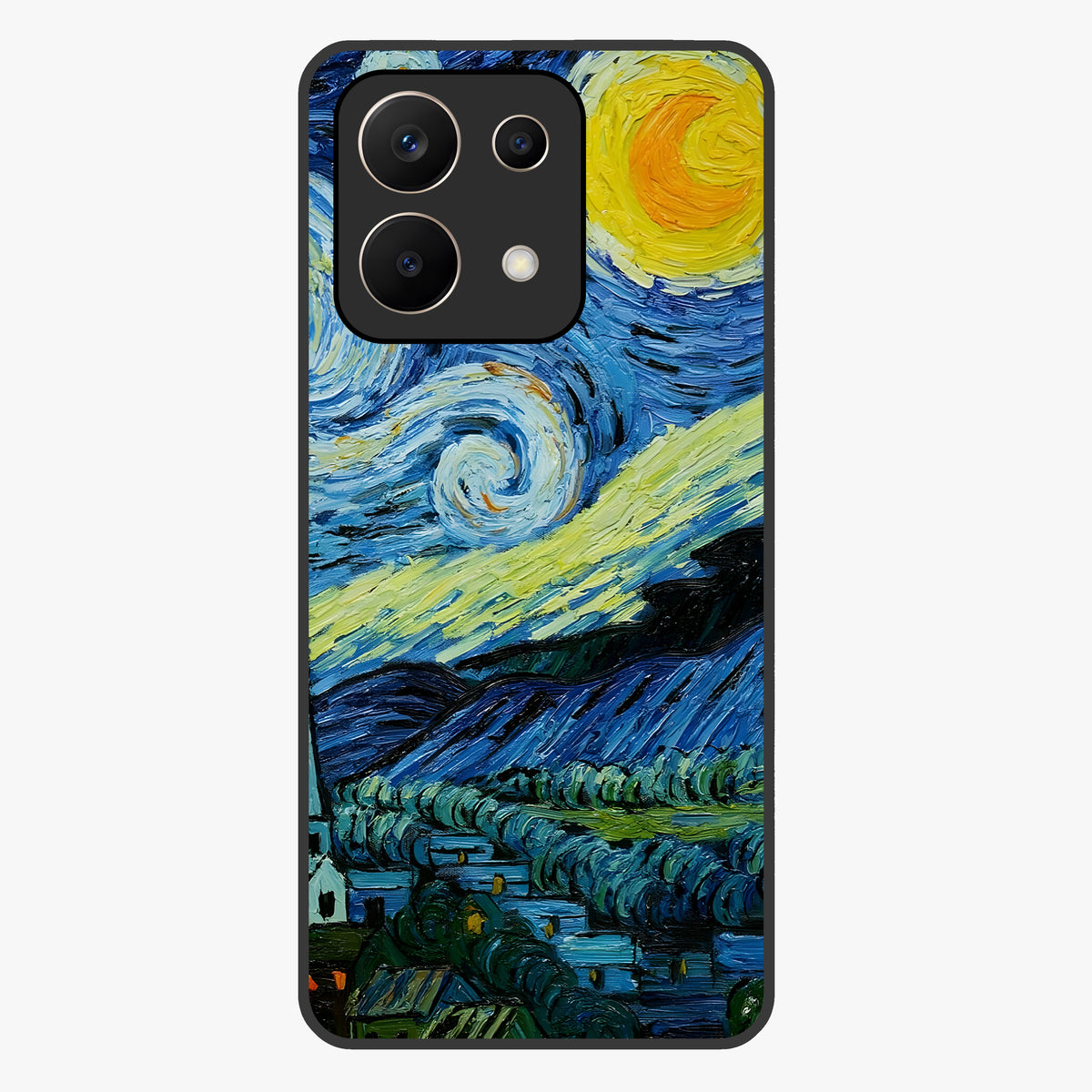 Van Gogh Art Glass Case showing flat back view with classic painterly artwork inspired by Van Gogh style and glossy glass finish.