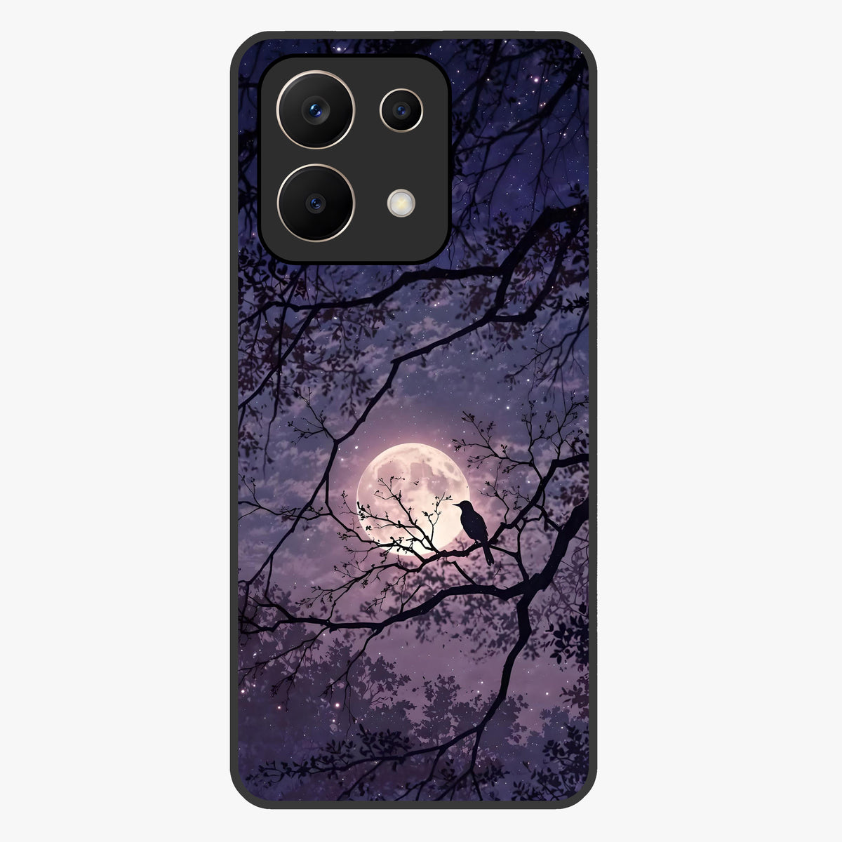 Whispering Moon Silence Glass Case showing flat back view with serene moon themed artwork and glossy glass finish.