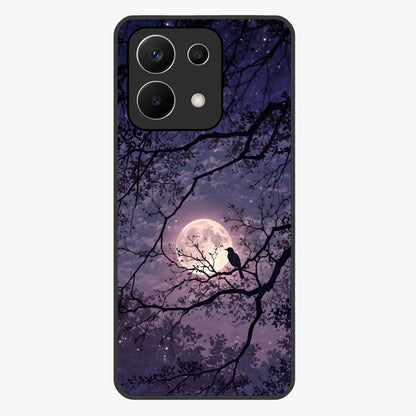 Whispering Moon Silence Glass Case showing flat back view with serene moon themed artwork and glossy glass finish.