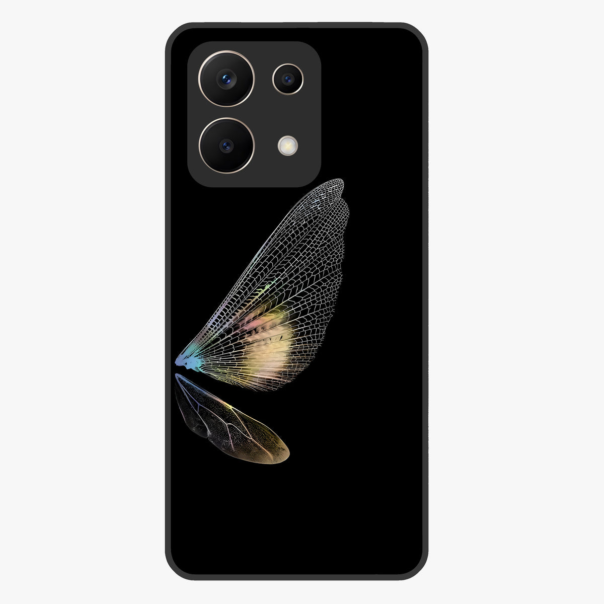Whispers Of Wings Glass Case showing flat back view with graceful wing inspired artwork and glossy glass finish.