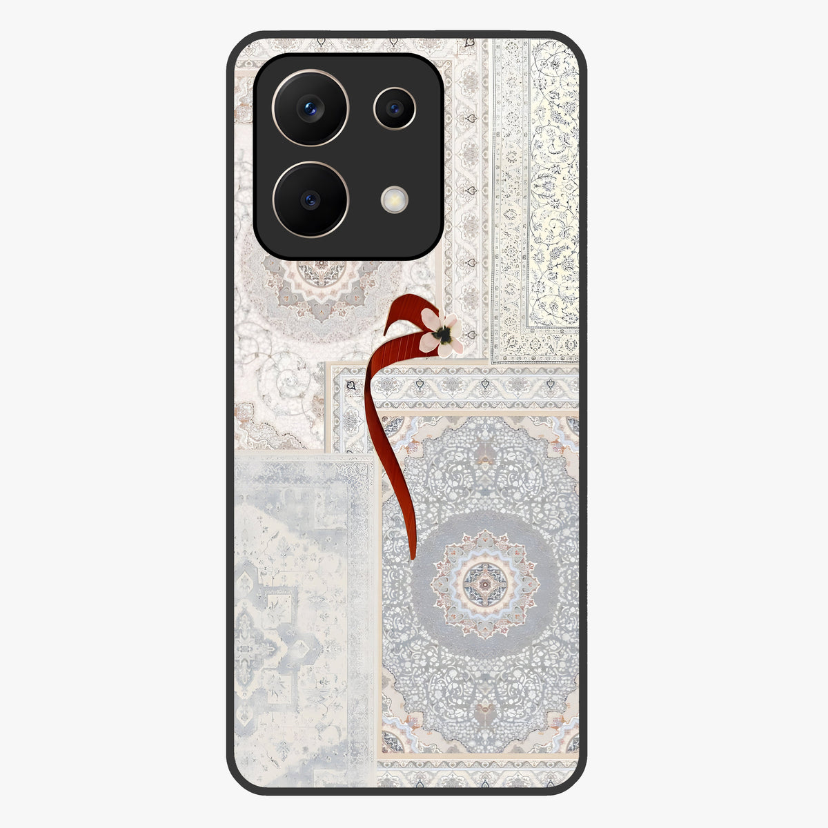 White Aesthetic Bow Glass Case showing flat back view with minimal bow artwork and glossy glass finish.