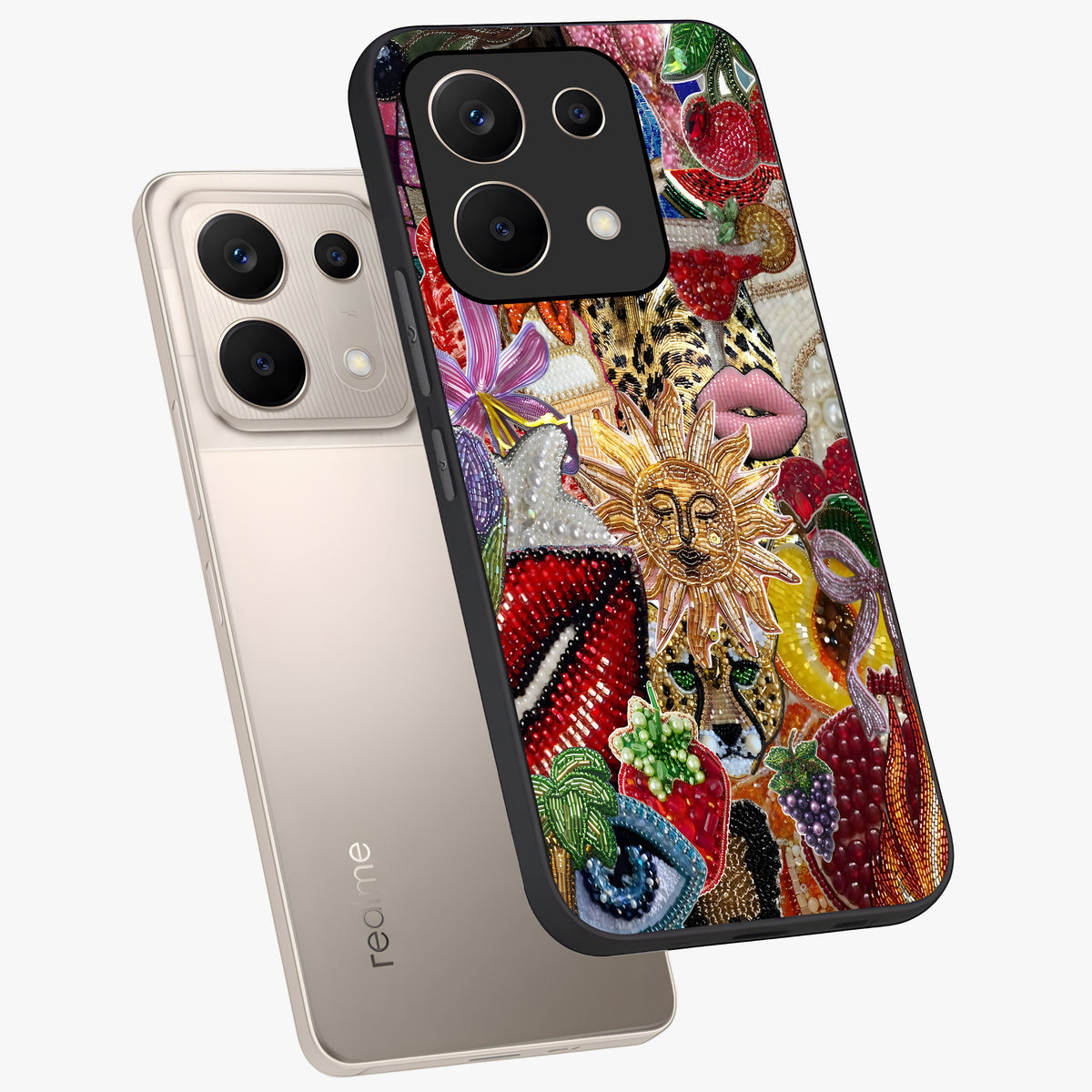 Beaded Fashion Jungle Glass Case displayed in angled mockup highlighting colorful fashion bead design and artistic pattern.