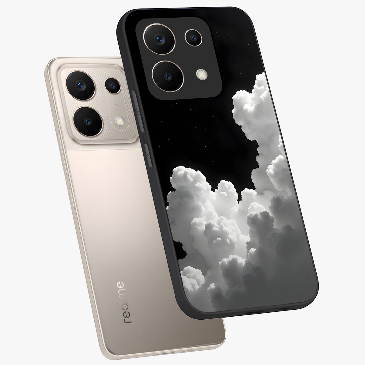 Black Background With White Cloud Glass Case displayed in angled mockup highlighting soft white cloud illustration and minimal design.