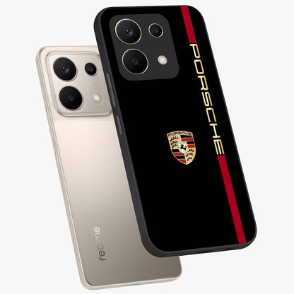 Black Minimal Porsche Glass Case displayed in angled mockup highlighting modern minimal car illustration and clean aesthetic design.