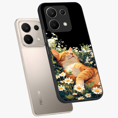 Blissful Bloom Cat Glass Case displayed in angled mockup highlighting playful feline illustration with soft floral aesthetic.