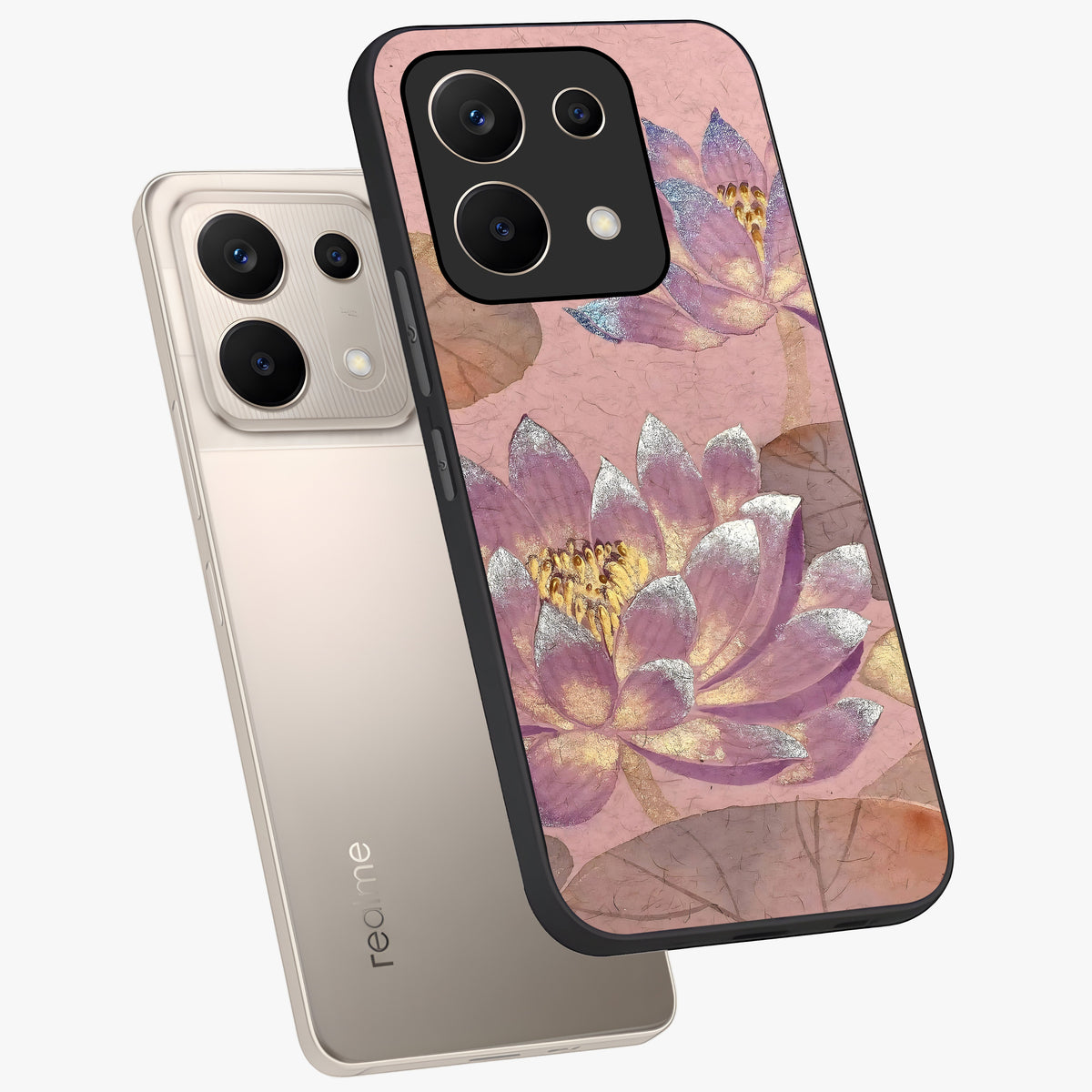 Blossom Mist Lotus Glass Case displayed in angled mockup highlighting delicate lotus illustration with calm aesthetic theme.