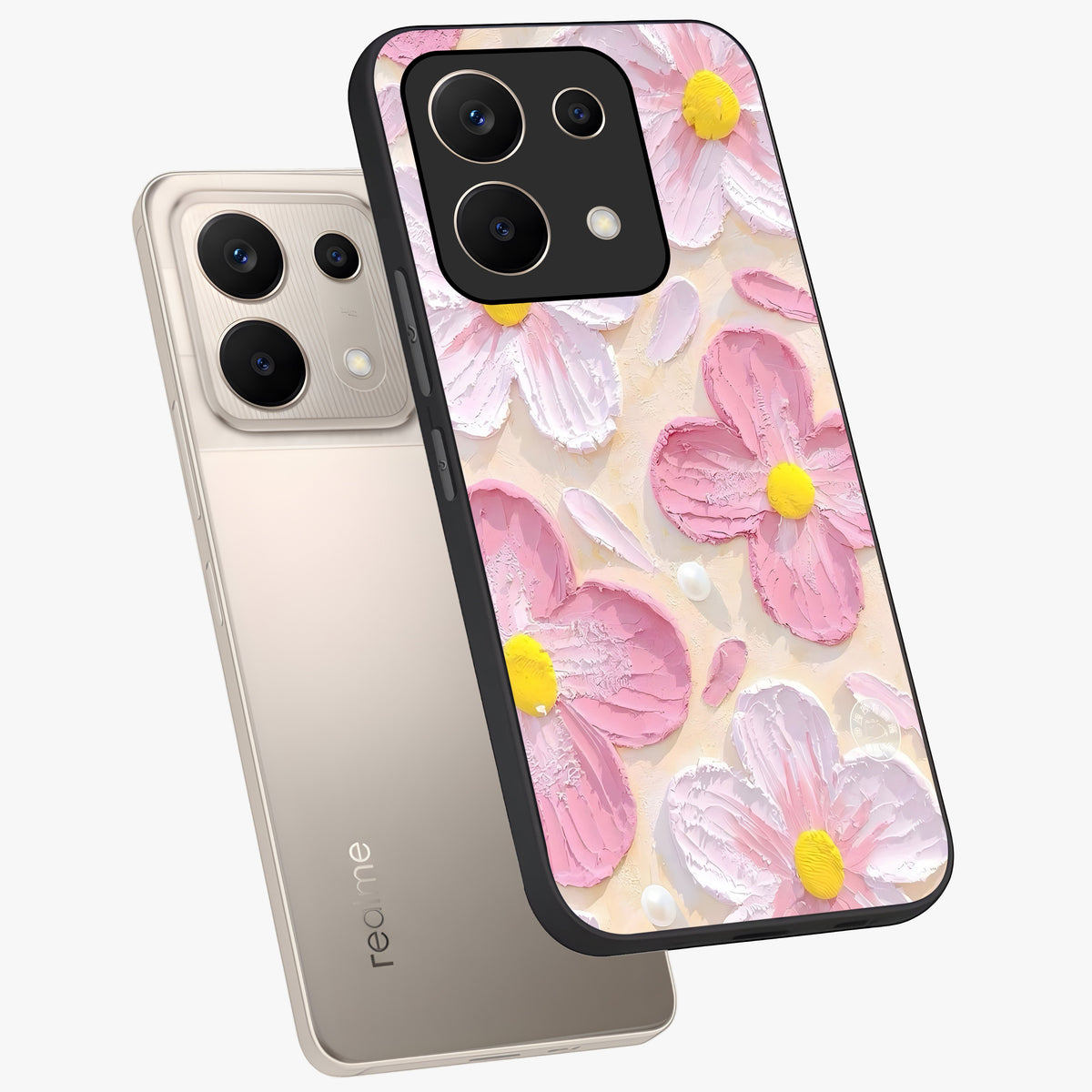 Blush Bloom Texture Glass Case displayed in angled mockup highlighting subtle bloom pattern with aesthetic pastel design.