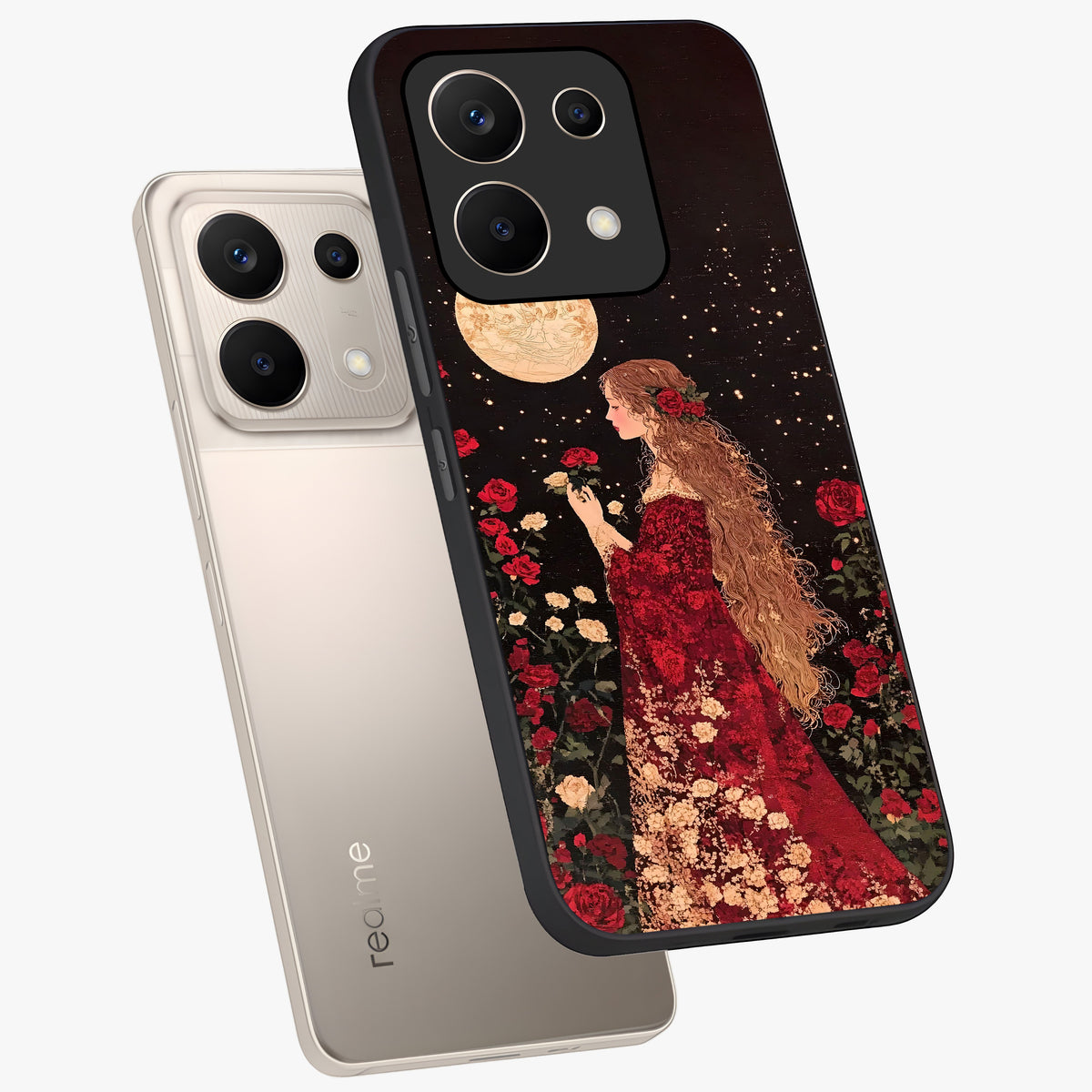 Crimson Dreams Glass Case displayed in angled mockup highlighting soft crimson aesthetic design with artistic theme.