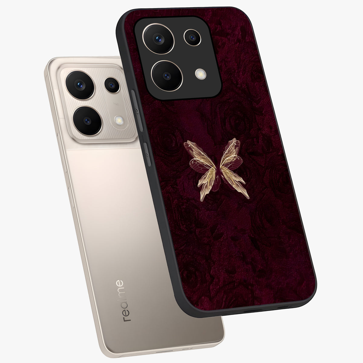 Crimson Fade Butterfly Glass Case displayed in angled mockup highlighting elegant butterfly design with crimson gradient aesthetic.