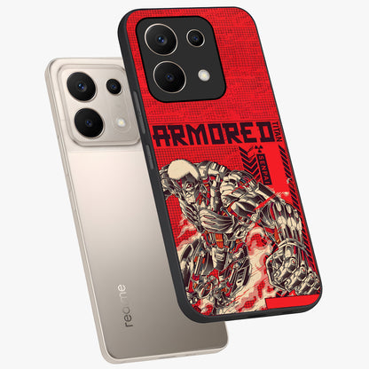 Crimson Mecha Titan Glass Case displayed in angled mockup highlighting futuristic mech illustration with bold crimson aesthetic.