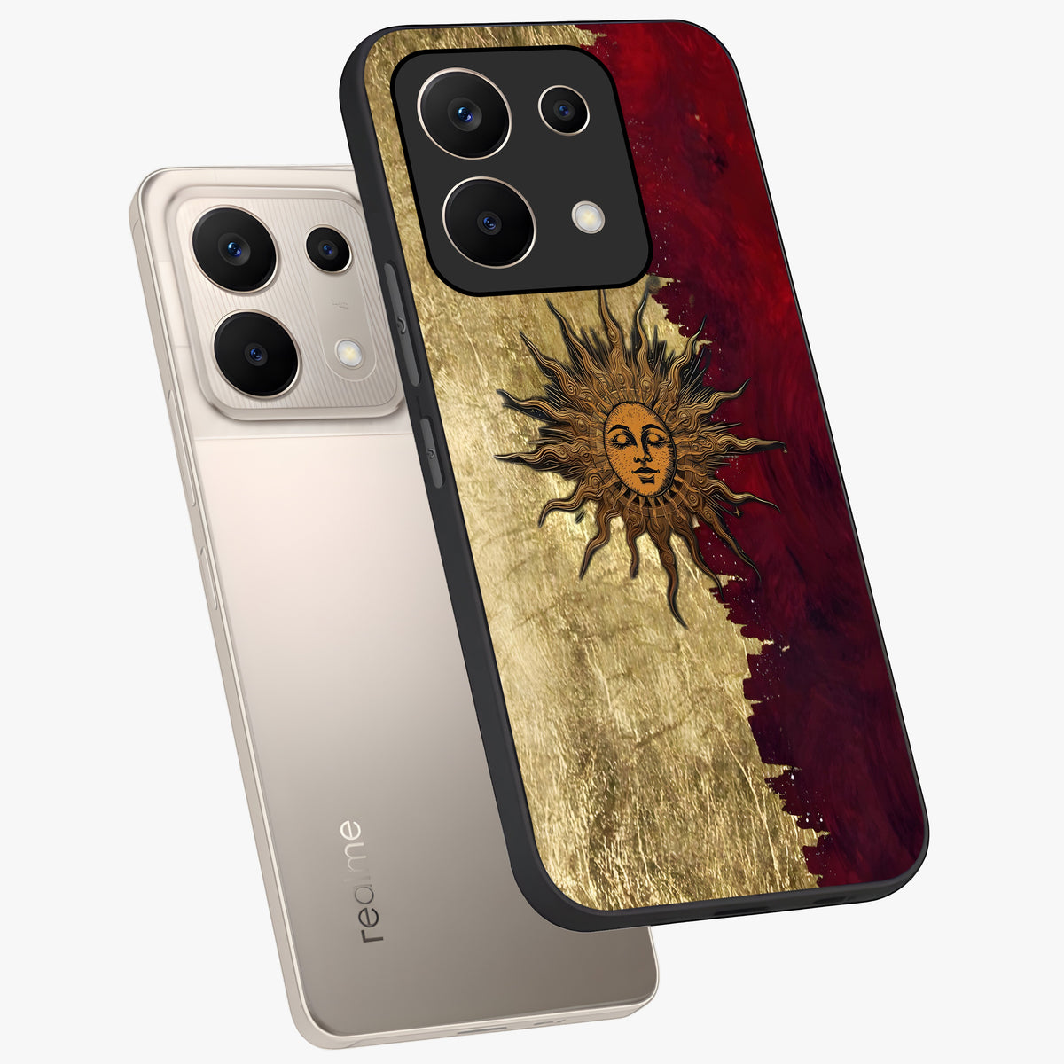 Crimson Sun Majesty Glass Case displayed in angled mockup highlighting majestic crimson sun design with bold aesthetic style.