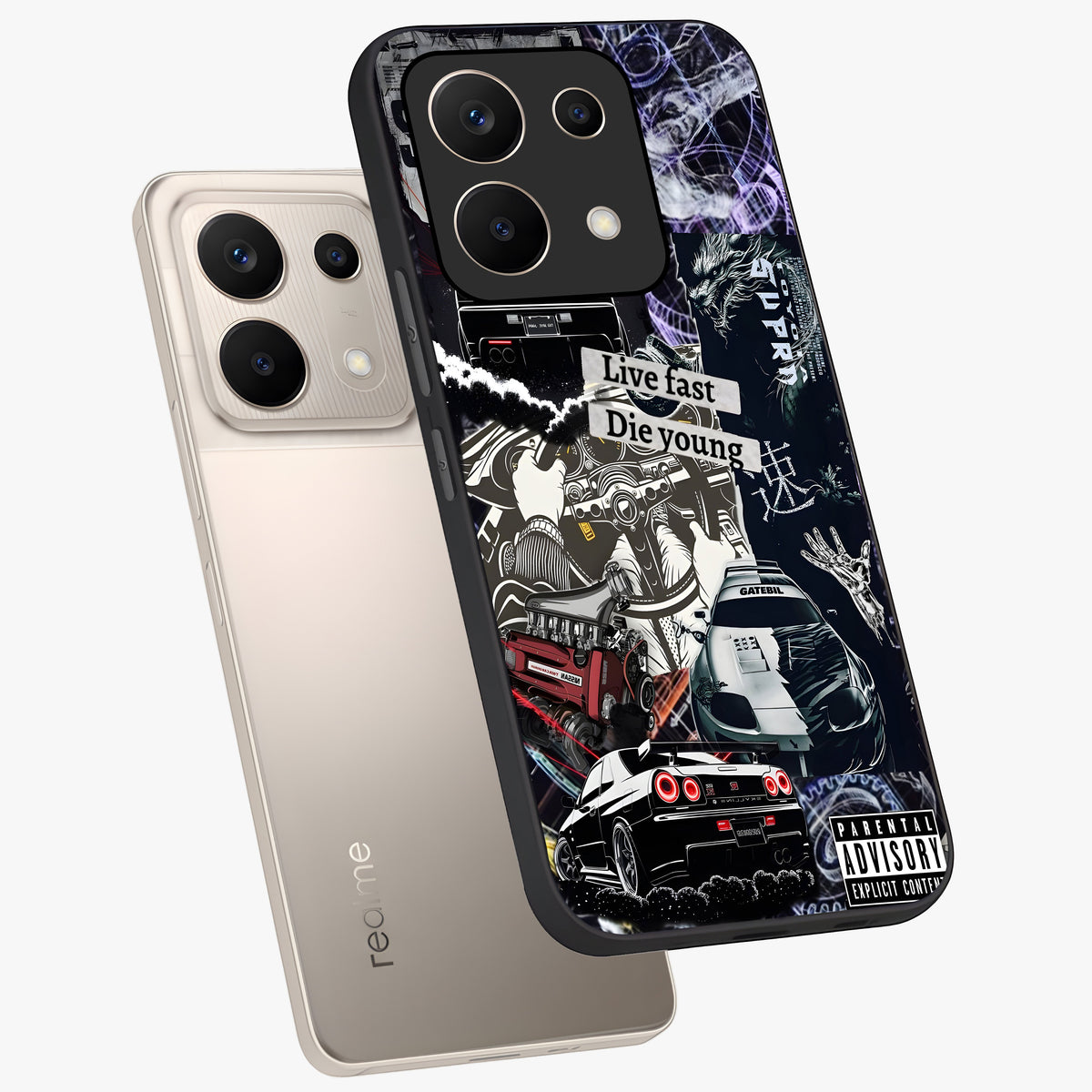Die Young Glass Case displayed in angled mockup highlighting expressive graphic artwork with edgy aesthetic style.