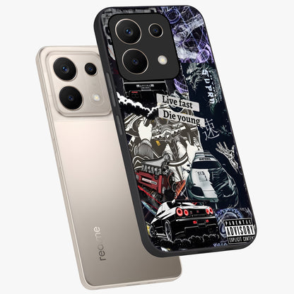 Die Young Glass Case displayed in angled mockup highlighting expressive graphic artwork with edgy aesthetic style.