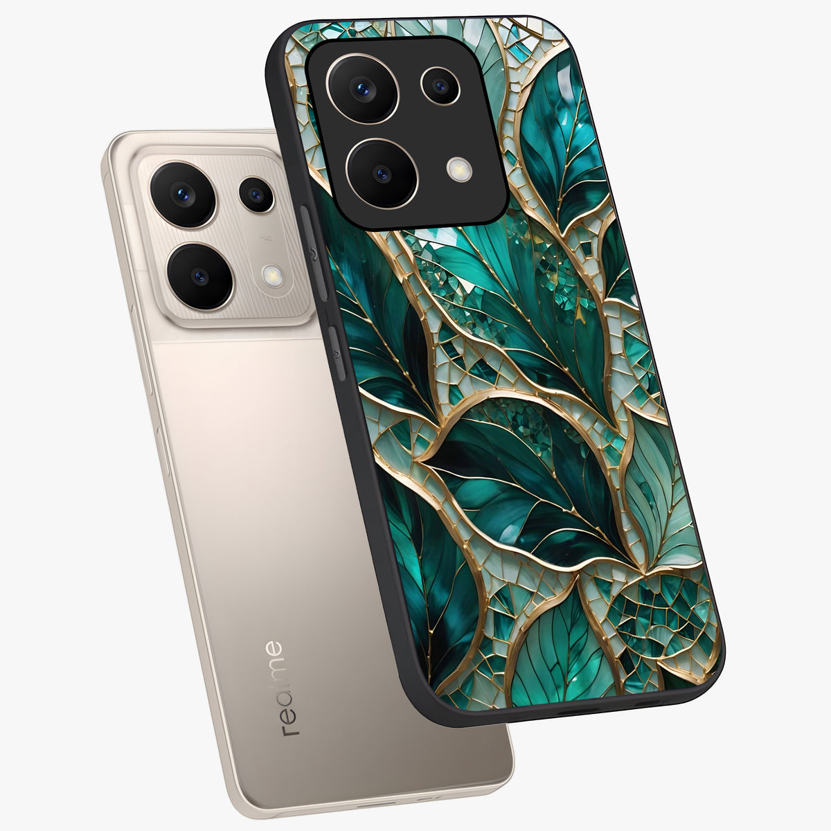 Emerald Leaf Glass Glass Case displayed in angled mockup highlighting botanical leaf illustration with elegant natural aesthetic.