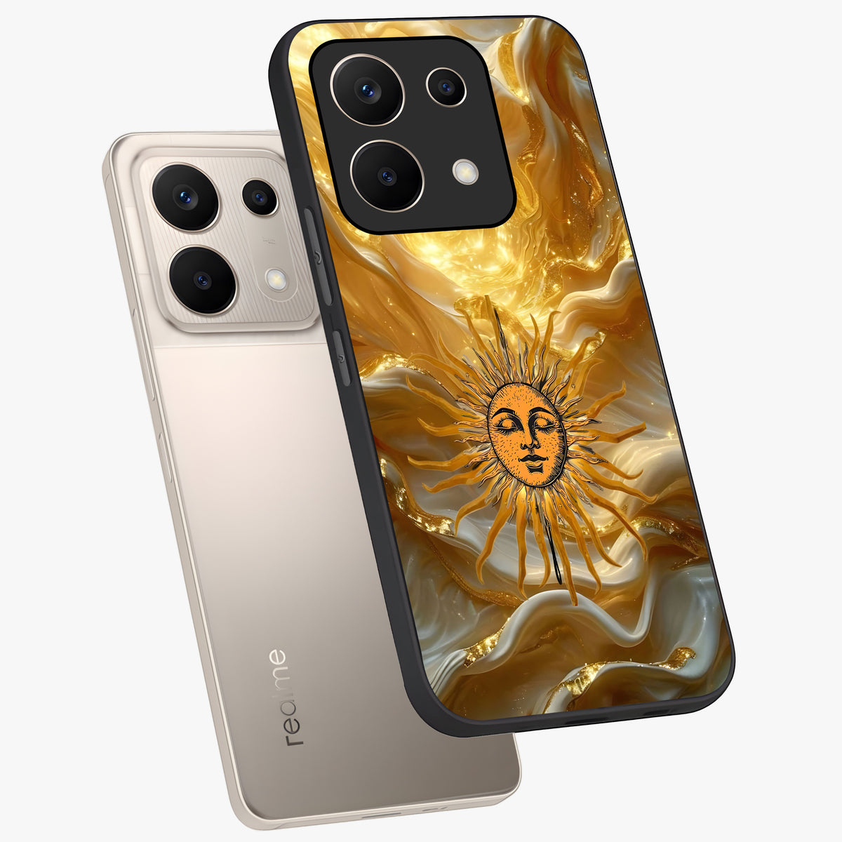 Eternal Golden Glow Glass Case displayed in angled mockup highlighting glowing golden aesthetic design with elegant style.