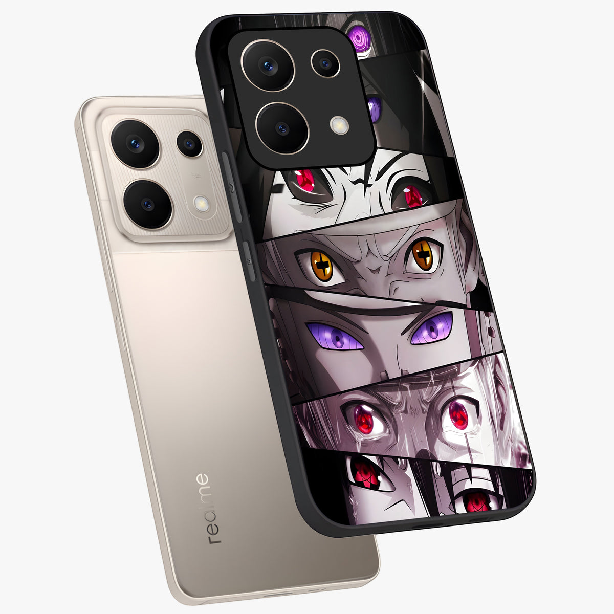 Eyes of Destiny Glass Case displayed in angled mockup highlighting bold eye illustration with mystical aesthetic style.