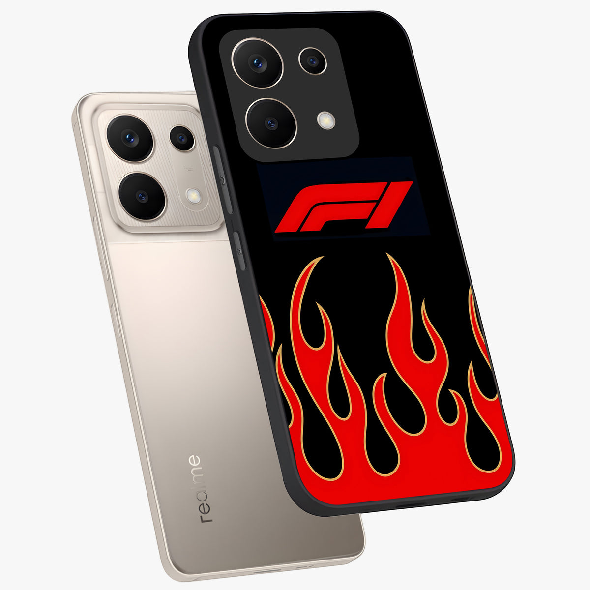 Fire F11 Glass Case displayed in angled mockup highlighting bold fire inspired graphic with energetic aesthetic style.