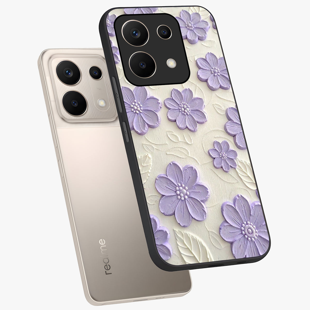 Floral Wall Art With Purple Flowers Glass Case displayed in angled mockup highlighting vibrant purple floral illustration with artistic aesthetic.