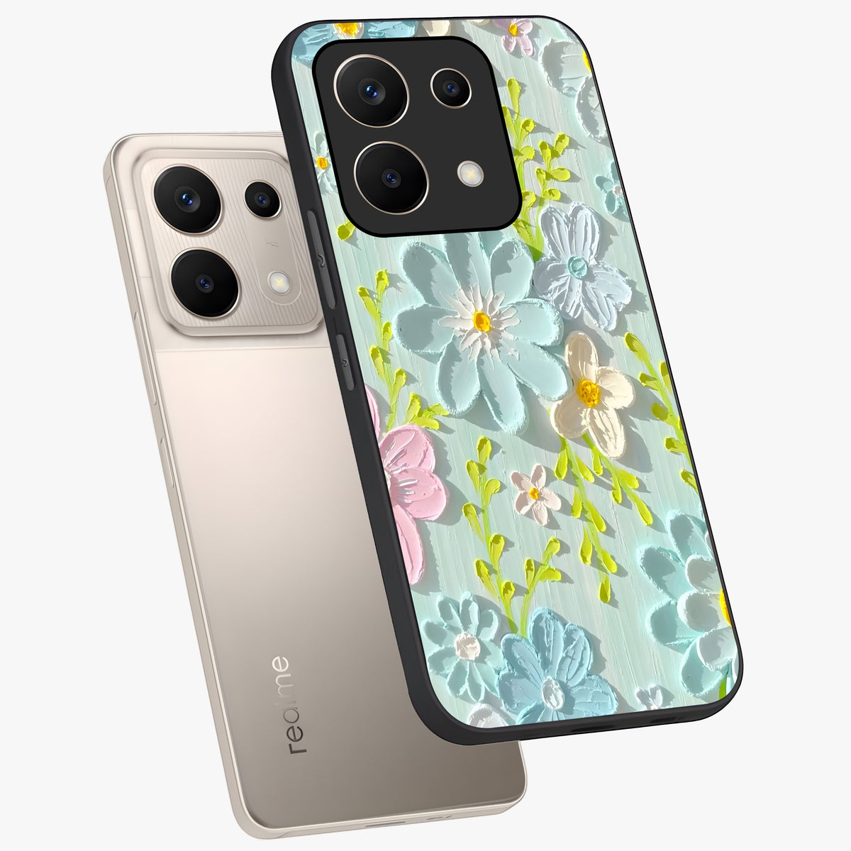 Frosted Petal Garden Glass Case displayed in angled mockup highlighting delicate flower petal design with calm garden aesthetic.