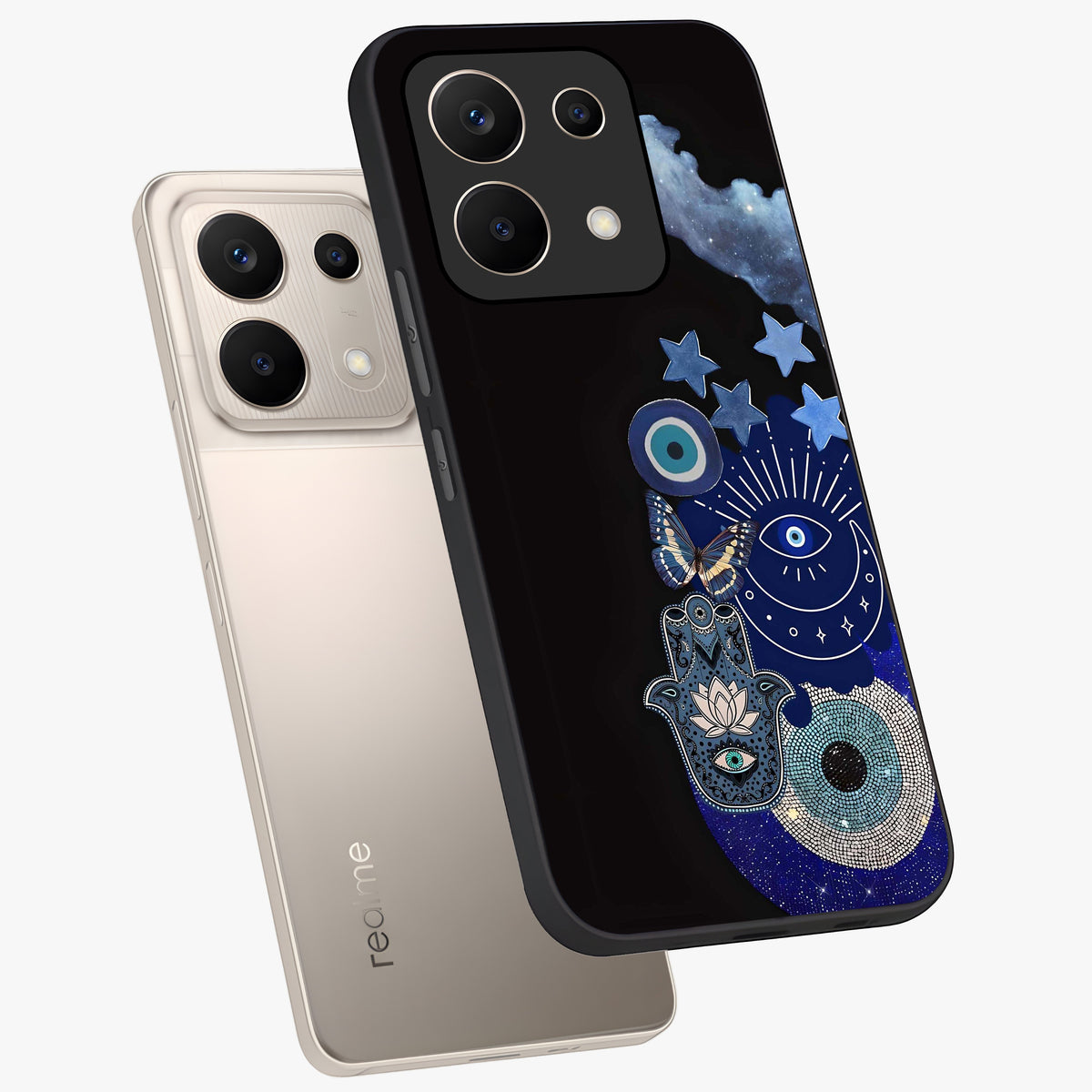 Galactic Charm Cluster Glass Case displayed in angled mockup highlighting luminous galaxy inspired design with dreamy aesthetic.