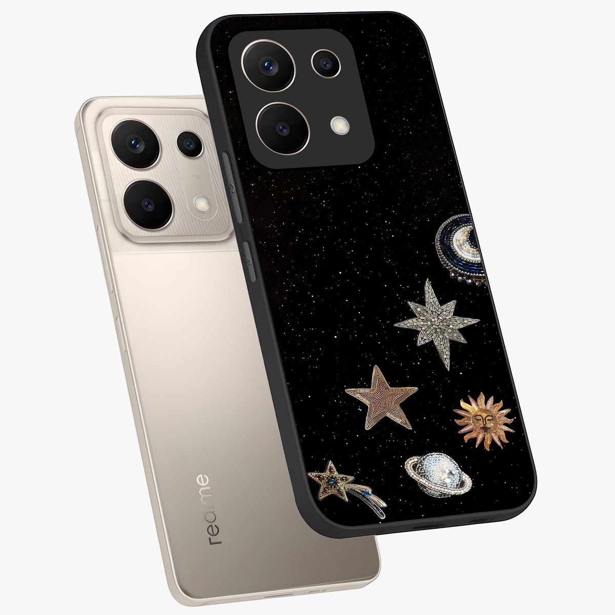 Galactic Charm Glow Glass Case displayed in angled mockup highlighting luminous galaxy inspired design with dreamy aesthetic.