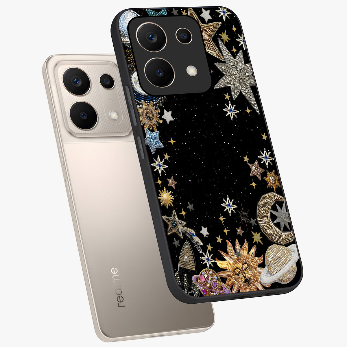 Galactic Jewel Stars Glass Case displayed in angled mockup highlighting shining celestial star design with cosmic aesthetic style.