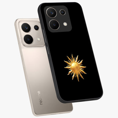 Golden Sun Minimalism Glass Case displayed in angled mockup highlighting eerie shadow illustration with gothic aesthetic.