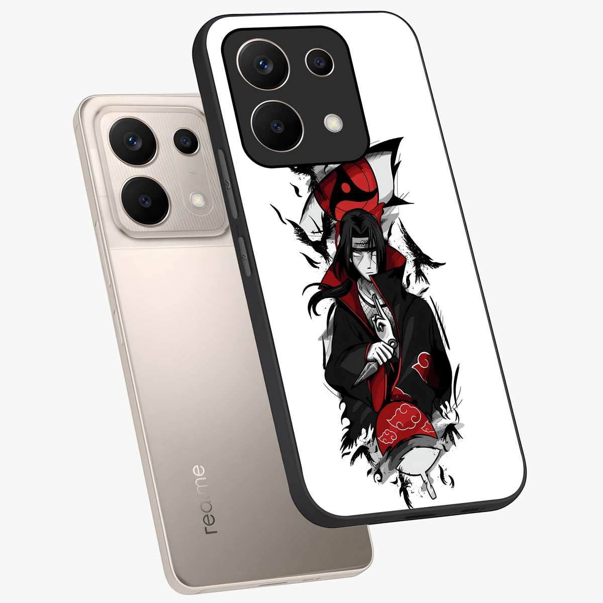 Itachi Limited Edition Naruto Anime Glass Case displayed in angled mockup highlighting dramatic anime illustration with bold action aesthetic.