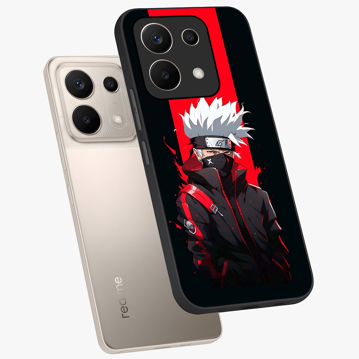 Kakashi Scarlet Shadow Glass Case displayed in angled mockup highlighting dramatic ninja illustration with scarlet themed aesthetic.
