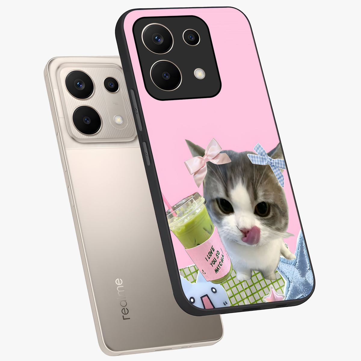 Love Matcha Cat Glass Case displayed in angled mockup highlighting playful feline illustration with cozy matcha aesthetic.