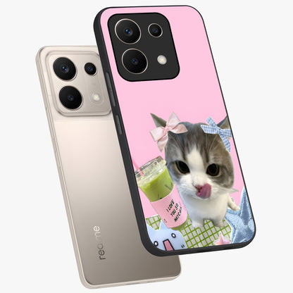 Love Matcha Cat Glass Case displayed in angled mockup highlighting playful feline illustration with cozy matcha aesthetic.