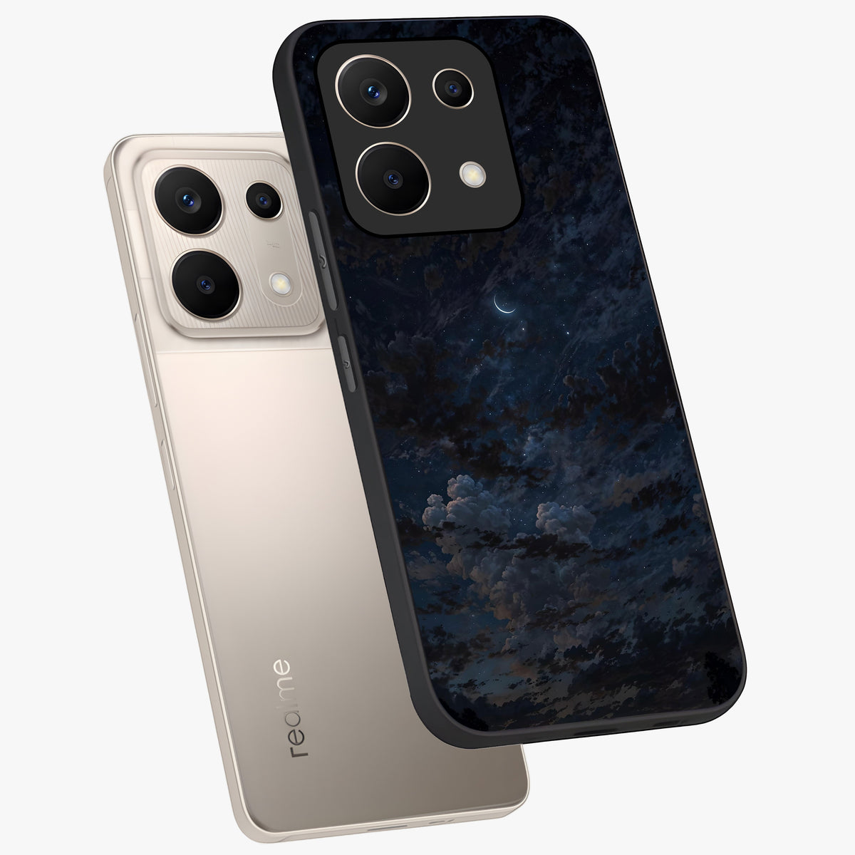 Lunar Veil Silence Glass Case displayed in angled mockup highlighting soft lunar design with peaceful celestial aesthetic.