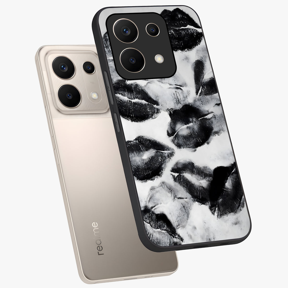 Midnight Kiss Marks Glass Case displayed in angled mockup highlighting playful romantic design with bold midnight aesthetic.