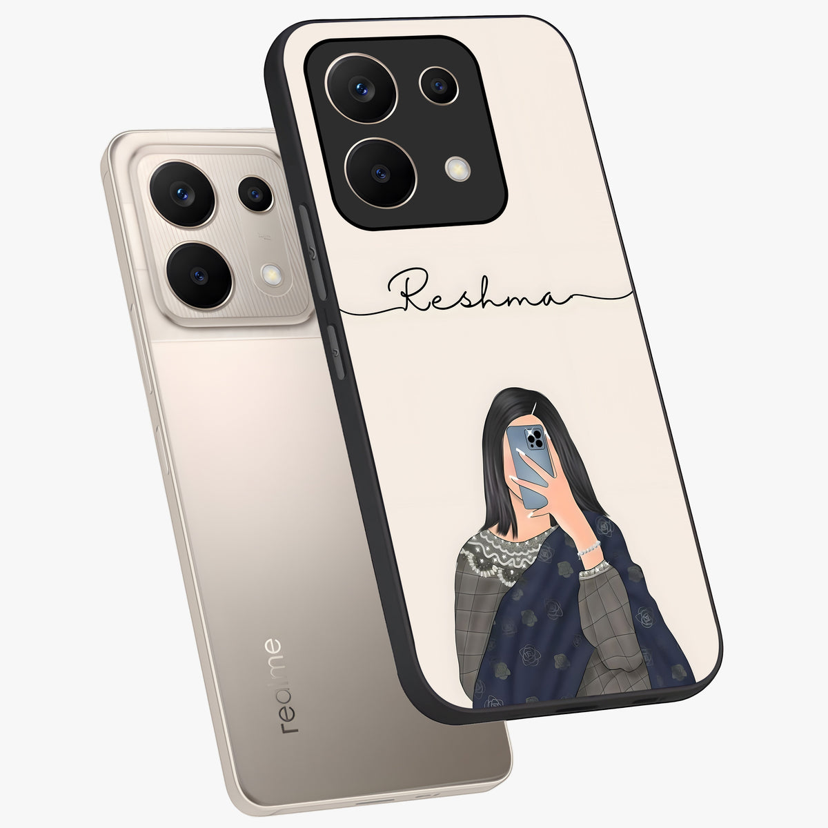 Mirror Mood Muse With Custom Name Glass Case displayed in angled mockup highlighting aesthetic mirror inspired design with custom name feature.
