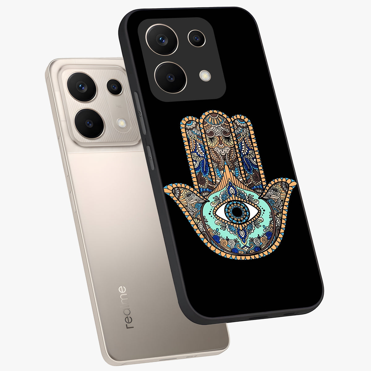 Mystic Hamsa Eye Glass Case displayed in angled mockup highlighting spiritual hamsa symbol with mystical aesthetic style.