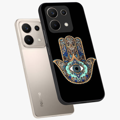 Mystic Hamsa Eye Glass Case displayed in angled mockup highlighting spiritual hamsa symbol with mystical aesthetic style.