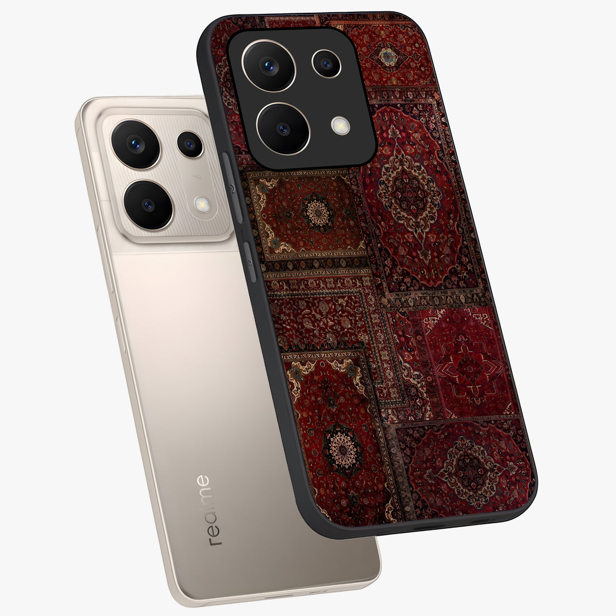 Persian Velvet Tale Glass Case displayed in angled mockup highlighting ornate textile inspired design with royal aesthetic.