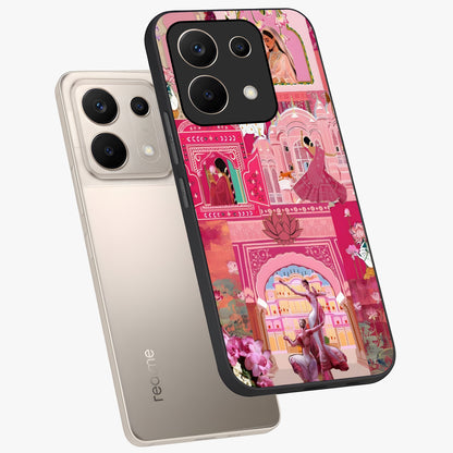 Pink Palace Muse Glass Case displayed in angled mockup highlighting dreamy palace illustration with soft pink aesthetic.