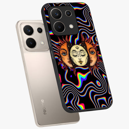 Psychedelic Sun Glass Case displayed in angled mockup highlighting vibrant abstract sun design with artistic aesthetic style.
