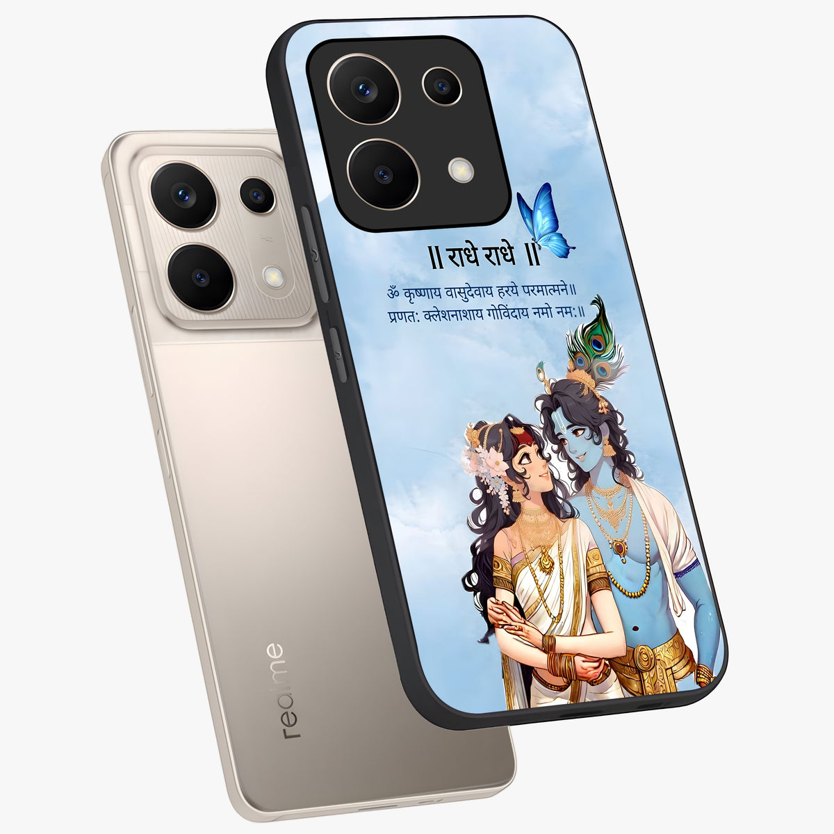 Radha Krishna Eternal Glass Case displayed in angled mockup highlighting divine Radha Krishna illustration with spiritual aesthetic.