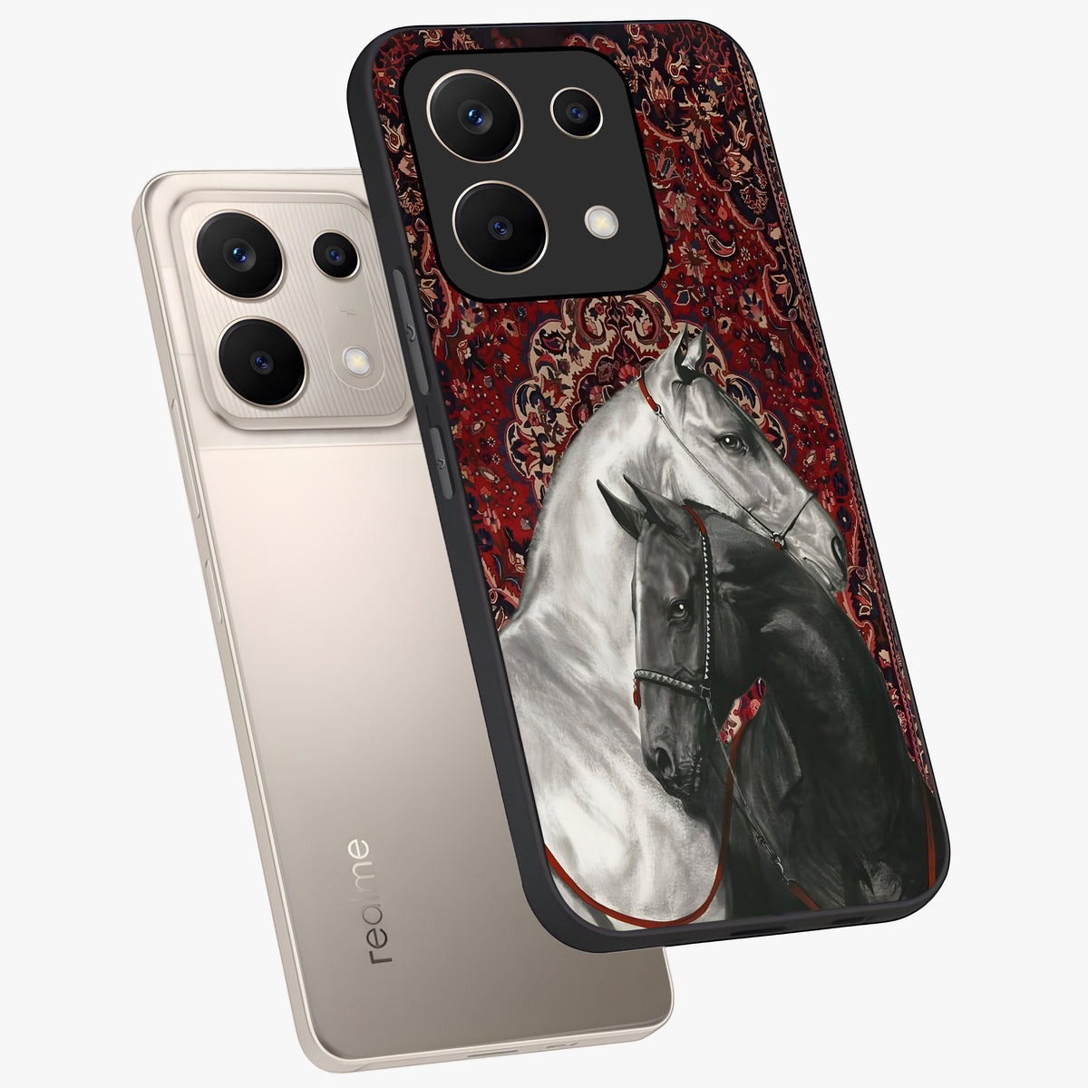 Regal Stallion Tapestry Glass Case displayed in angled mockup highlighting royal stallion design with decorative heritage aesthetic.