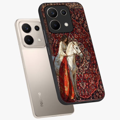 Royal Rider Tapestry Glass Case displayed in angled mockup highlighting traditional tapestry design with royal heritage aesthetic.