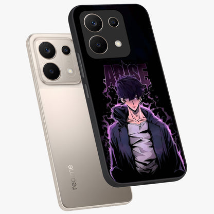 Shadow Monarch Awakening Glass Case displayed in angled mockup highlighting dramatic shadow warrior design with fantasy aesthetic.