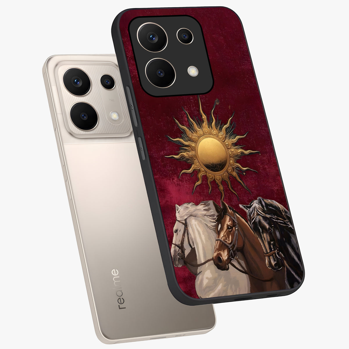 Solar Riders Glass Case displayed in angled mockup highlighting powerful rider illustration with radiant solar aesthetic.