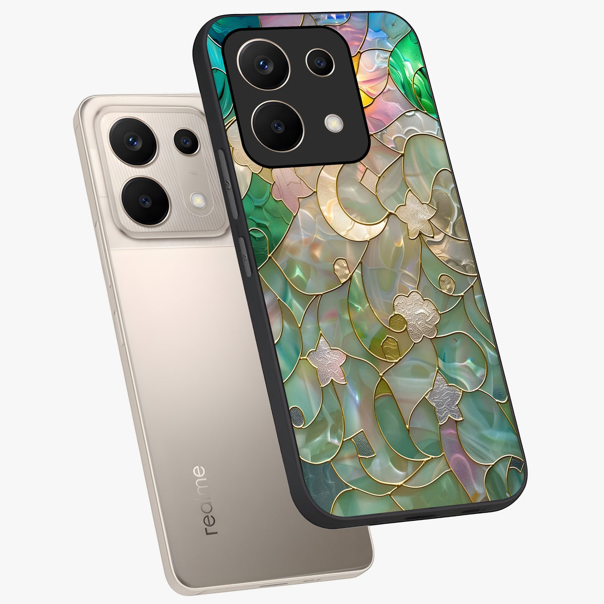 Stained Sunrise Glow Glass Case displayed in angled mockup highlighting radiant sunrise design with artistic aesthetic style.