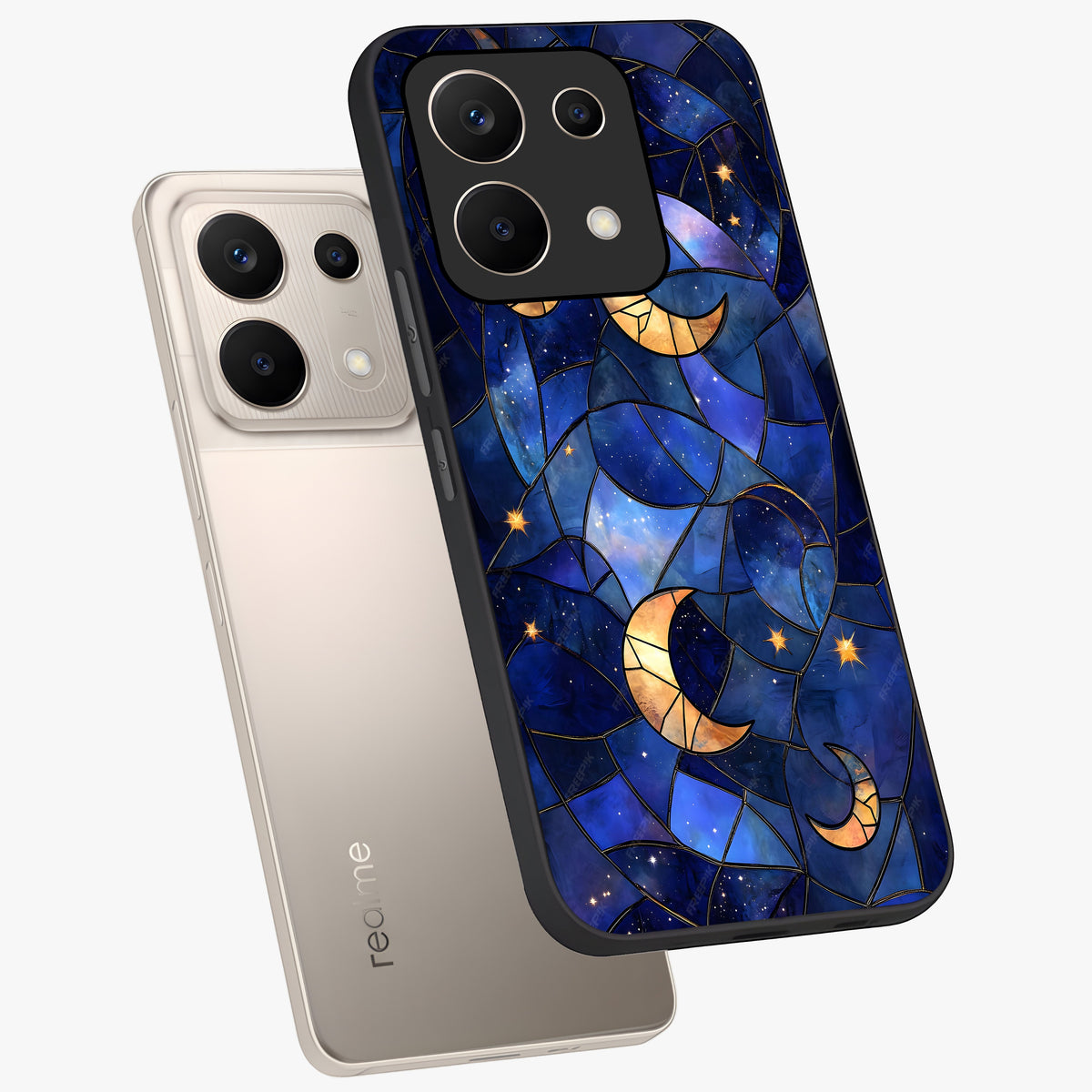 Starlit Sky Tapestry Glass Case displayed in angled mockup highlighting celestial night pattern with artistic aesthetic style.
