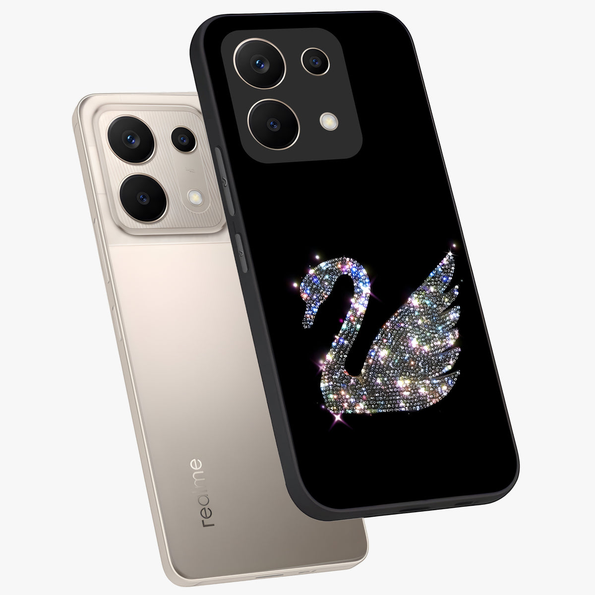 Starlit Swan Grace Glass Case displayed in angled mockup highlighting elegant swan illustration with dreamy celestial aesthetic.