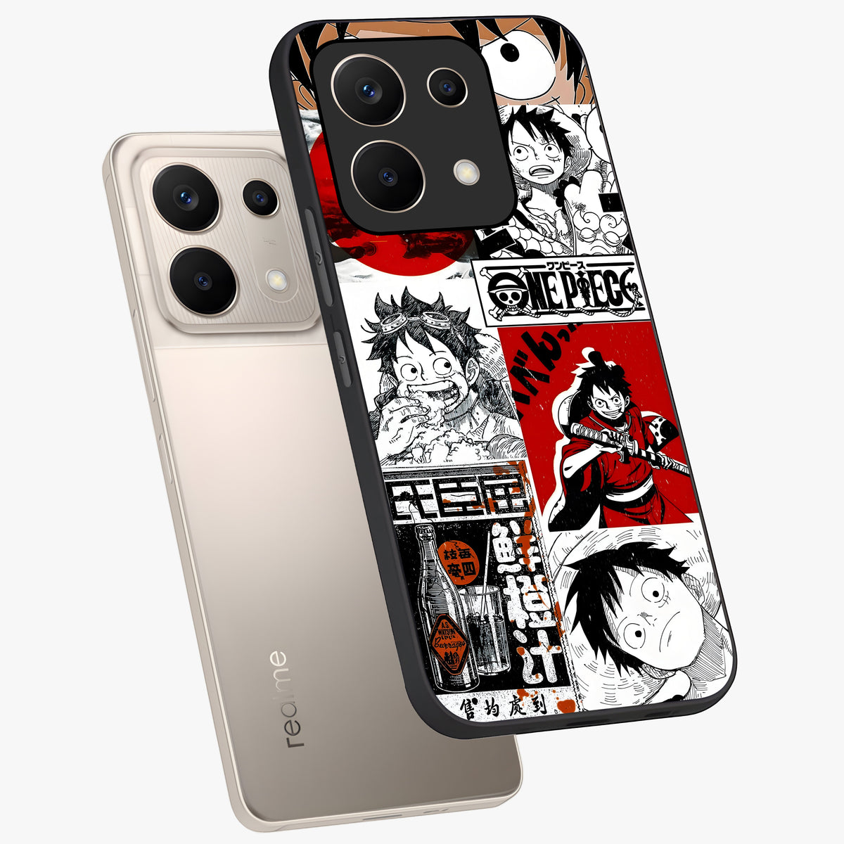 Strawhat Chaos Panels Glass Case displayed in angled mockup highlighting vibrant anime collage design with action aesthetic.