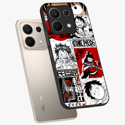 Strawhat Chaos Panels Glass Case displayed in angled mockup highlighting vibrant anime collage design with action aesthetic.