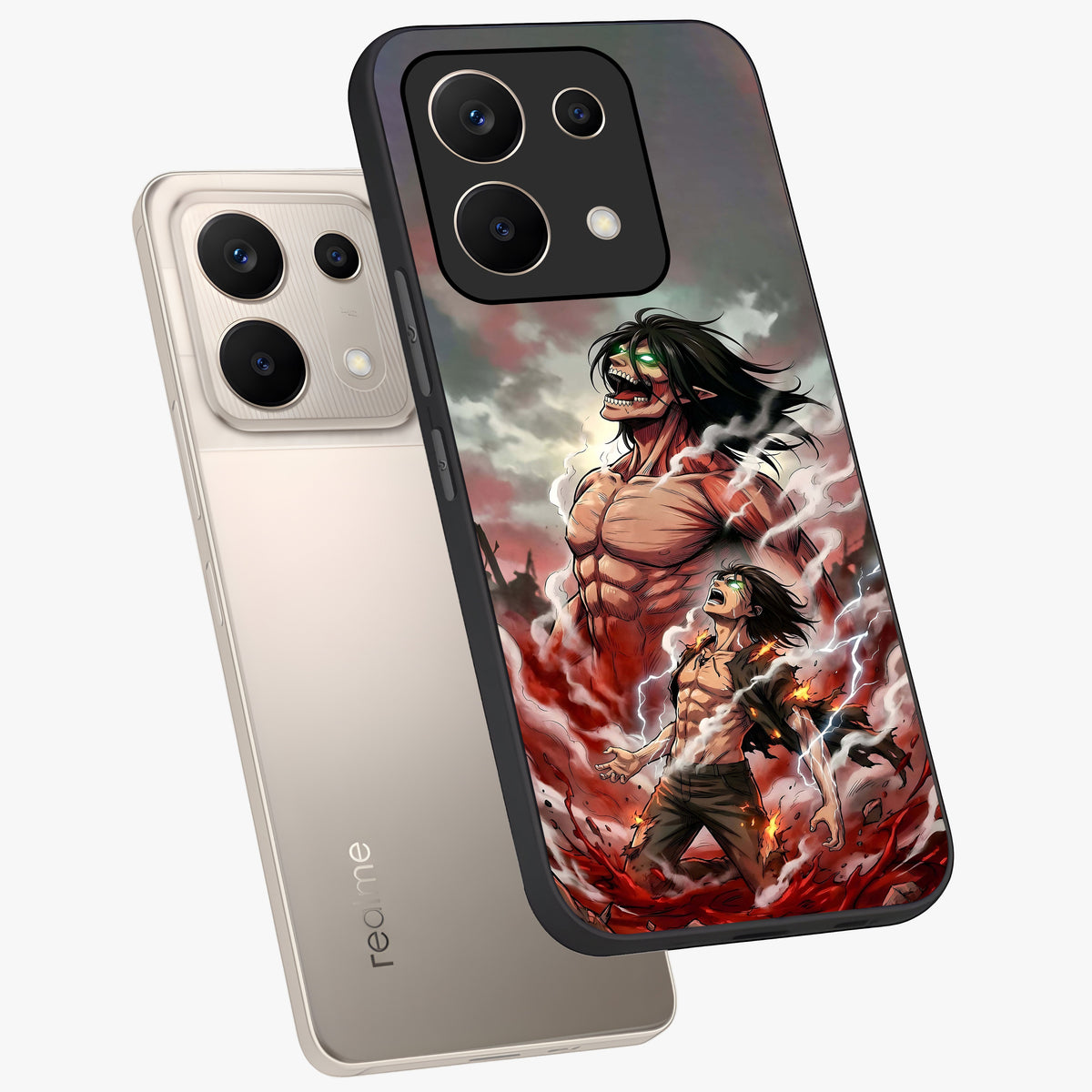 Titan Awakening Fury Glass Case displayed in angled mockup highlighting dramatic giant warrior design with bold anime aesthetic.